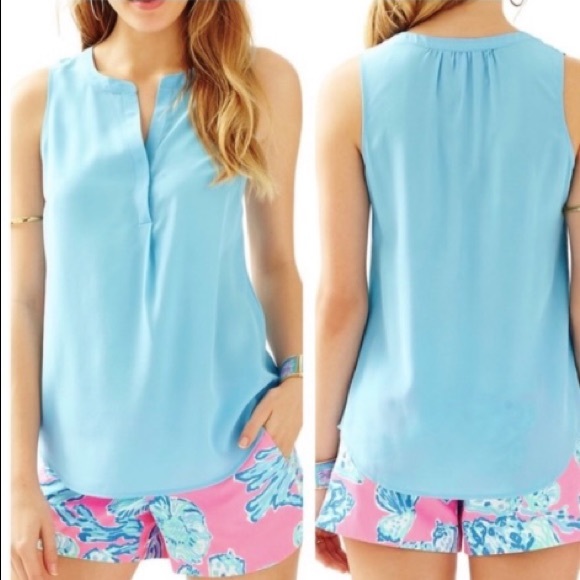 Lilly Pulitzer Tops - Lilly Pulitzer Silk Baby Blue Split Neck Top Tank